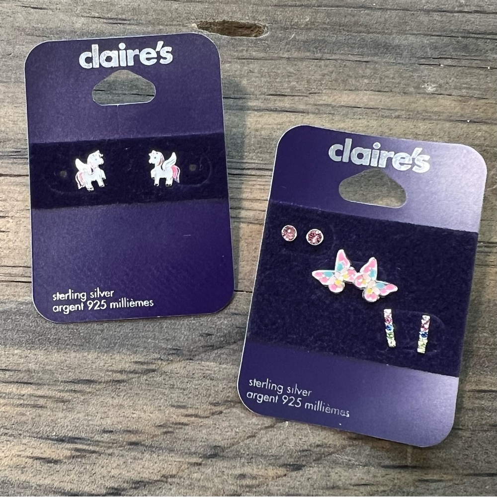 NEW Claire's Sterling Silver Unicorn Butterfly & Gemstone‎ Stud Earring Set Kids